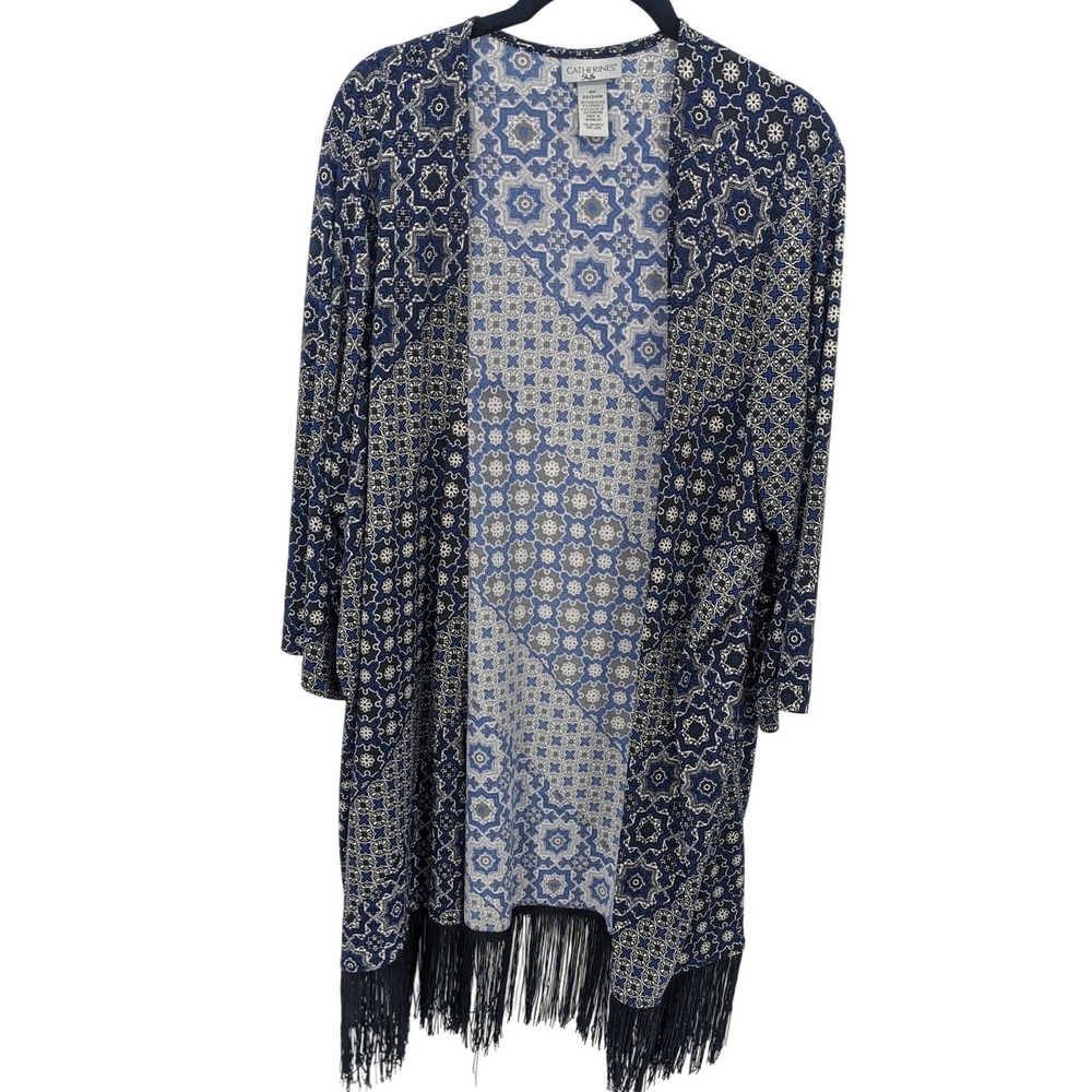 Catherines Fringe Kimono Womens Plus 2X Blue Geometric Top Open Front Mature